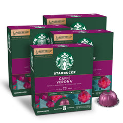 Starbucks Caffè Verona dark roast capsules in a box, ready for Vertuo brewing at home.