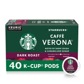 Starbucks Caffè Verona dark roast K-Cup pod pack highlighting rich cocoa notes.
