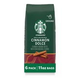 Starbucks Cinnamon Dolce ground coffee bags stacked for home brewing.