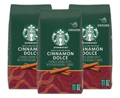 Starbucks Cinnamon Dolce ground coffee label highlighting blonde roast flavor for mornings.
