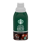 Starbucks Cold Brew Concentrate Sweetened Signature Black bottle on a counter for easy at-home iced coffee.