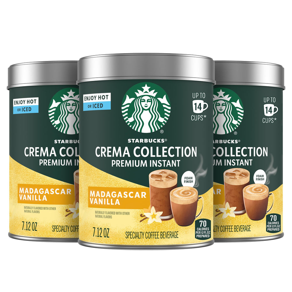 Starbucks Crema Madagascar Vanilla tin packaging signals premium instant coffee for home use.