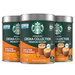 Starbucks Crema Salted Caramel tin packaging shown with recyclable design for at‑home coffee