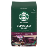 Starbucks Espresso Roast ground coffee 18oz bag, ideal for bold espresso at home.