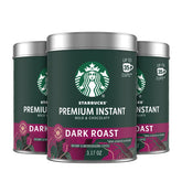 Starbucks dark roast instant coffee tin side view showing bold flavor at home.