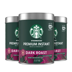 Starbucks dark roast instant coffee tin side view showing bold flavor at home.