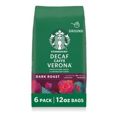 Starbucks Decaf Caffè Verona ground coffee bags ready for home brewing.