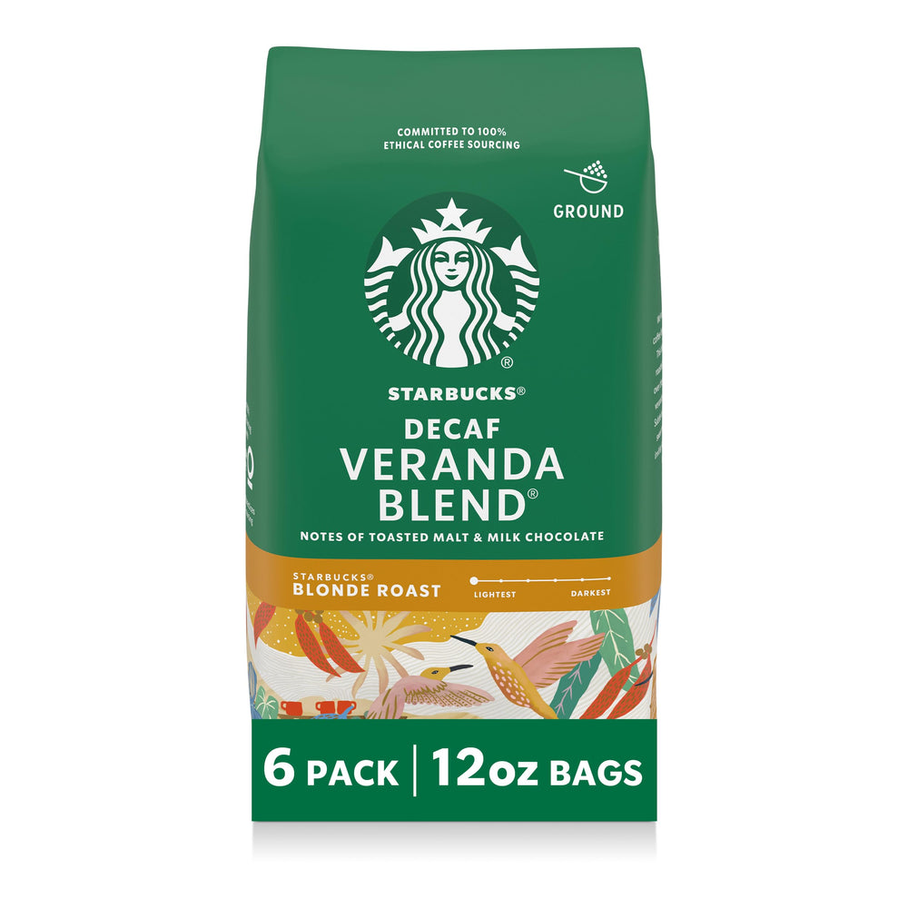 Starbucks Decaf Veranda Blend ground coffee bags on counter for quick mornings