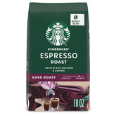 Starbucks Espresso Roast whole bean bag highlights premium beans for rich home brews.