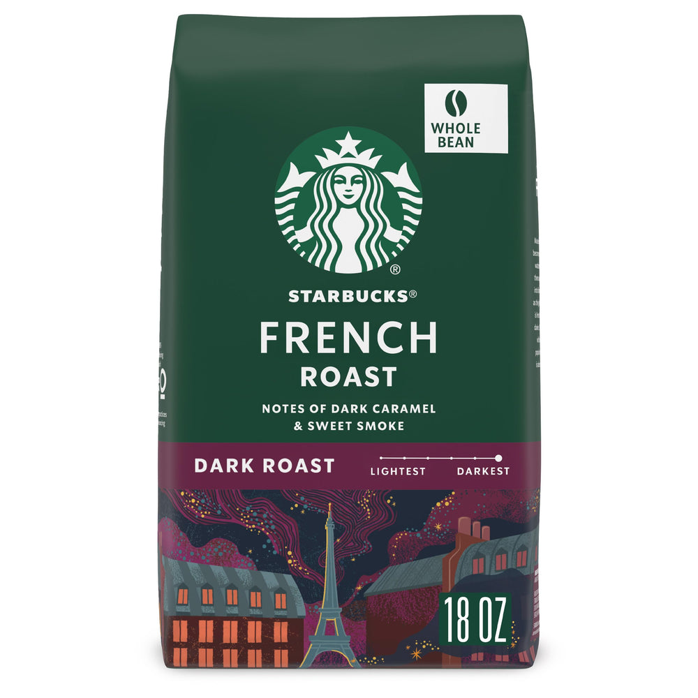 Starbucks French Roast whole beans close-up, rich aroma ready for home grinding.