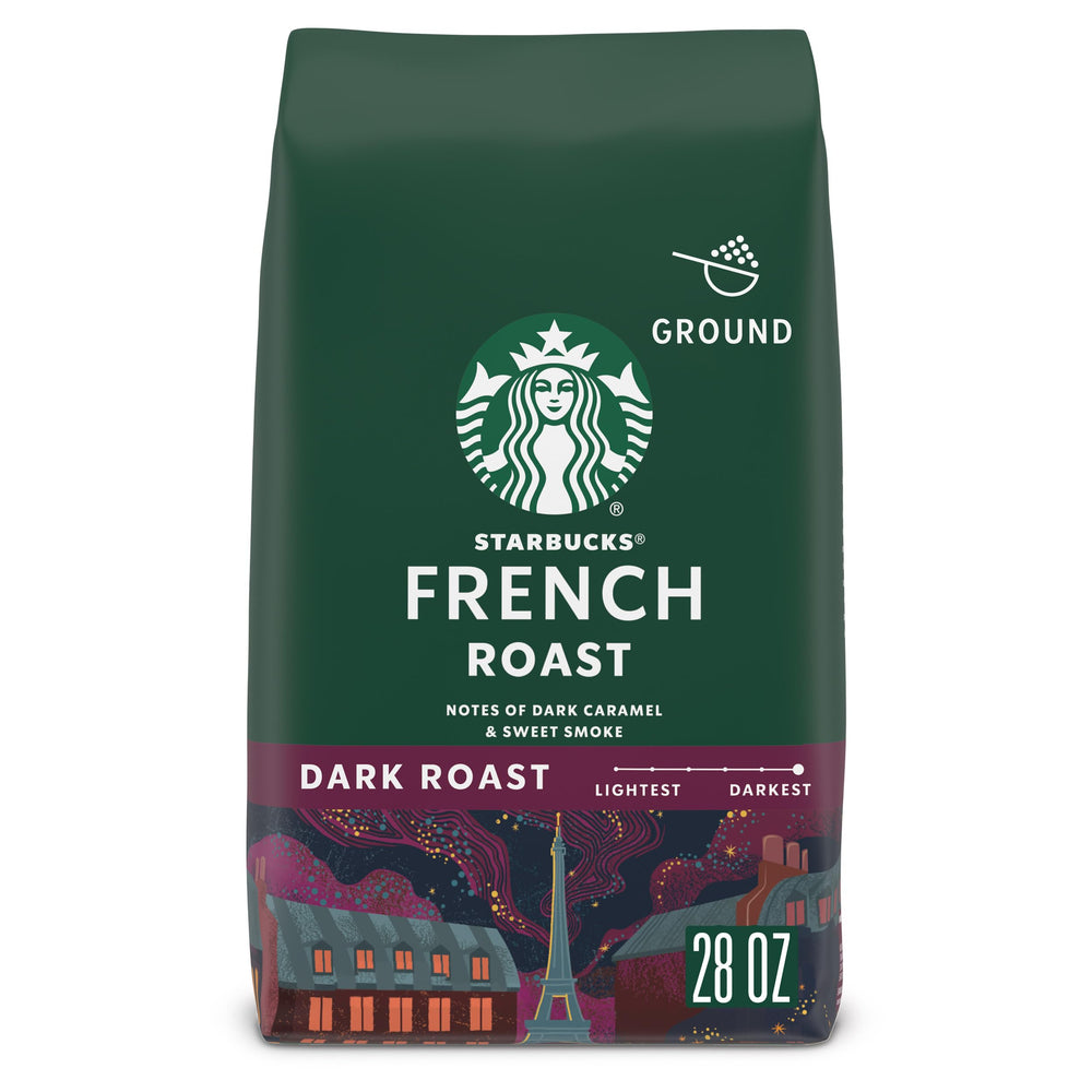 Starbucks French Roast ground coffee bag front view showing bold, smoky flavor
