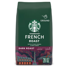 Starbucks French Roast ground coffee bag front view showing bold, smoky flavor