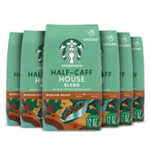 Starbucks Half-Caff House Blend six-bag packaging for convenient home use.