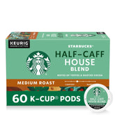 Starbucks Half-Caff House Blend box front showing convenient K-Cup packaging for home use.