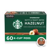 Starbucks Hazelnut K-Cup pod shown for hot or iced coffee with cozy aroma.