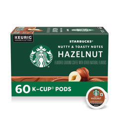 Starbucks Hazelnut K-Cup pod shown for hot or iced coffee with cozy aroma.