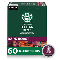 Starbucks Italian Roast K-Cup pods for Keurig brewers with bold chocolate notes.