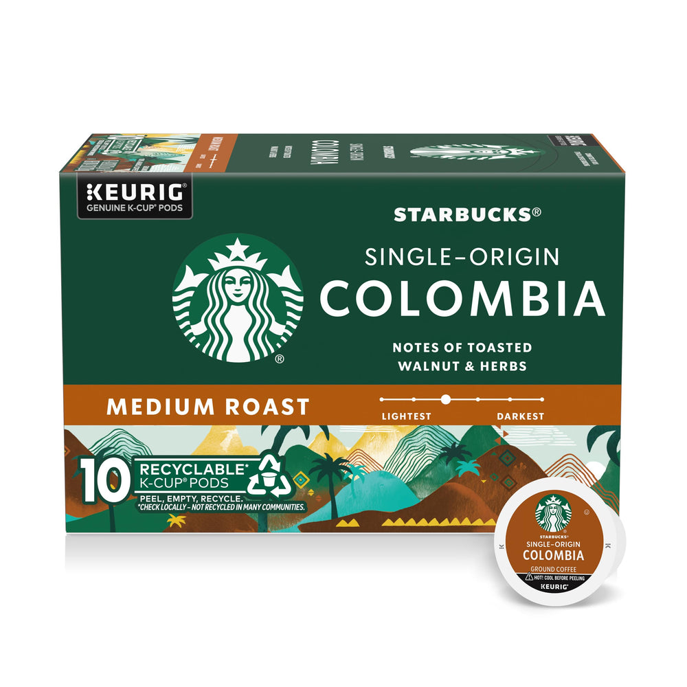 Starbucks K-Cup Colombia pods for medium roast home brewing.