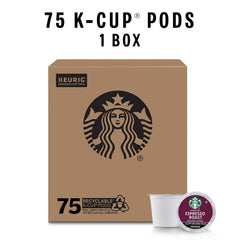Starbucks Espresso Roast pod box, 75-count, easy home brew.