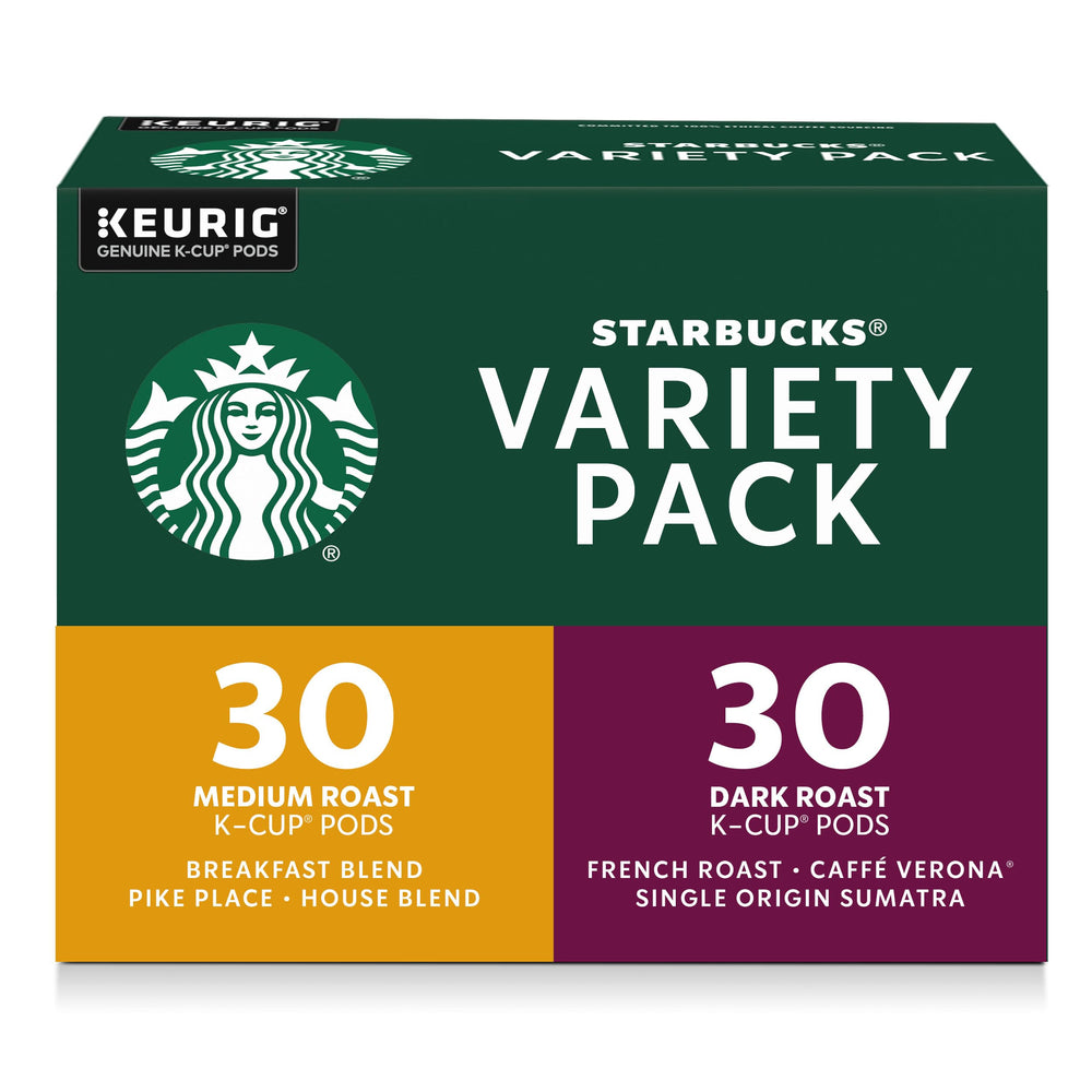 Starbucks K-Cup variety pack front view, convenient home coffee option for busy mornings.