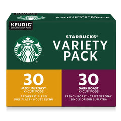 Starbucks K-Cup variety pack front view, convenient home coffee option for busy mornings.