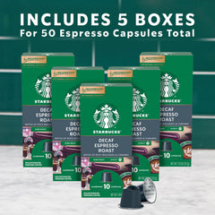 Packaging label on Starbucks decaf pods highlighting dark roast and sustainability.