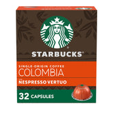 Starbucks by Nespresso Vertuo box and capsules for Colombia coffee, ideal for home brewing.