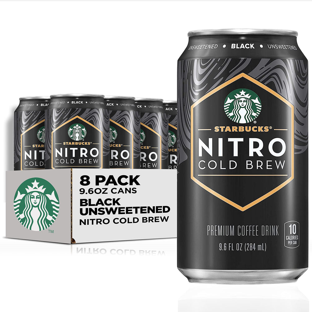 Starbucks Nitro Cold Brew Black Unsweetened can close-up, bold grab-and-go energy boost.