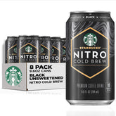Starbucks Nitro Cold Brew Black Unsweetened can close-up, bold grab-and-go energy boost.