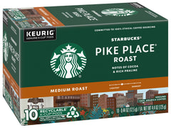 Starbucks Pike Place Roast K-Cups pack-detail shows compatible pods for quick easy mornings.