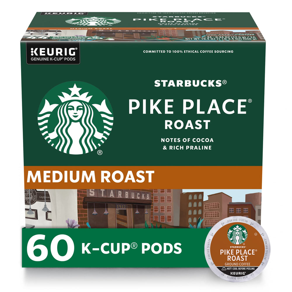 Starbucks Pike Place Roast K-Cup box shows 60 pods for home brewing.