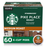 Starbucks Pike Place Roast K-Cup box shows 60 pods for home brewing.