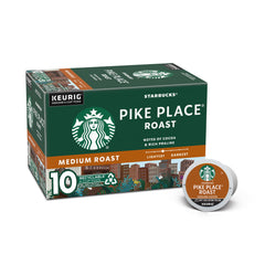 Starbucks Pike Place Roast K-Cup pods in a box for Keurig brewers.