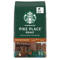 Starbucks Pike Place Roast whole bean bag ready for grinding.