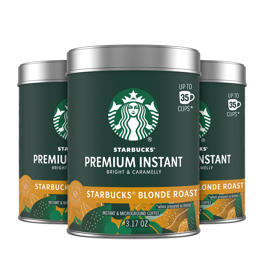 Starbucks Premium Instant Coffee Blonde Roast tin with rich aroma for quick mornings.