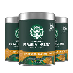 Starbucks Premium Instant Coffee Blonde Roast tin with rich aroma for quick mornings.