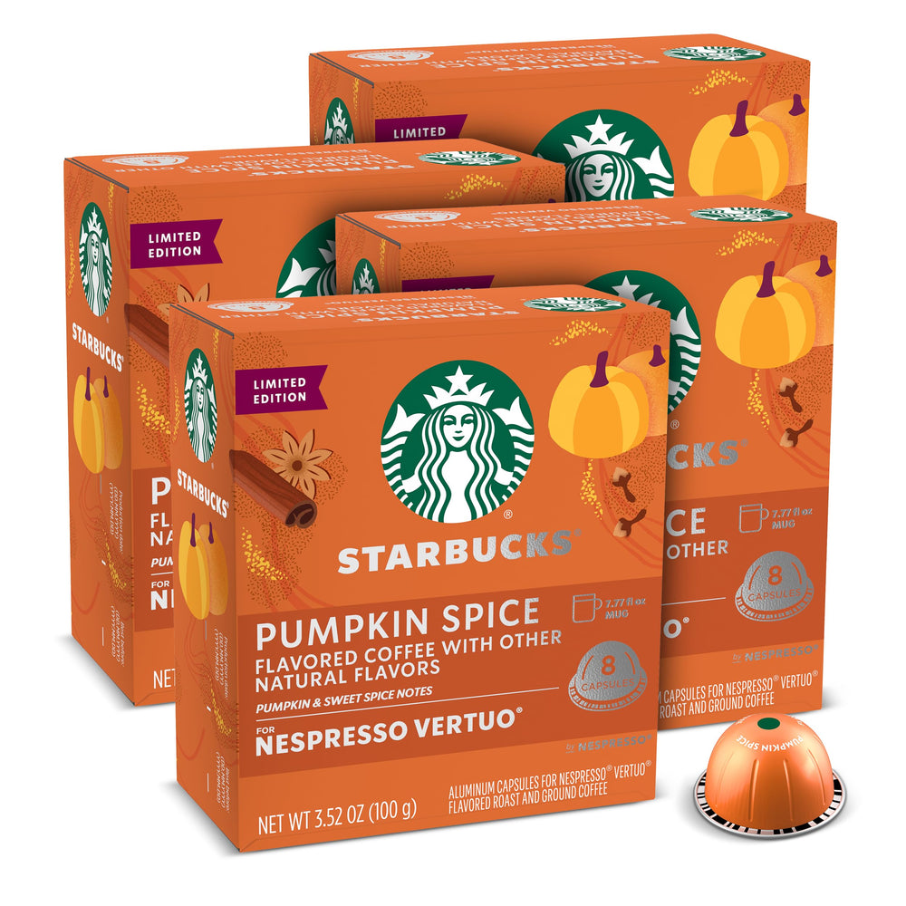 Starbucks by Nespresso Pumpkin Spice Vertuo pods in front packaging highlights seasonal flavor for cozy mornings.