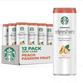 Starbucks Refreshers Peach Passion Fruit can, front view, a refreshing sip