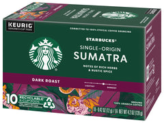 Starbucks Sumatra Dark K-Cup pod full-body profile for lingering sips.