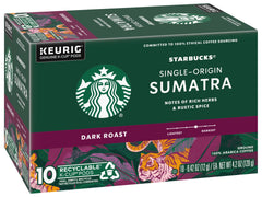 Starbucks Sumatra Dark K-Cup pod herbal spice hints for a robust cup.