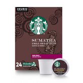 Starbucks Sumatra Dark Roast K-Cup pack front for quick bold morning brew.