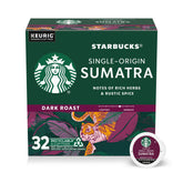 Starbucks Sumatra dark roast K-Cup pod in box, highlighting convenient home brewing.