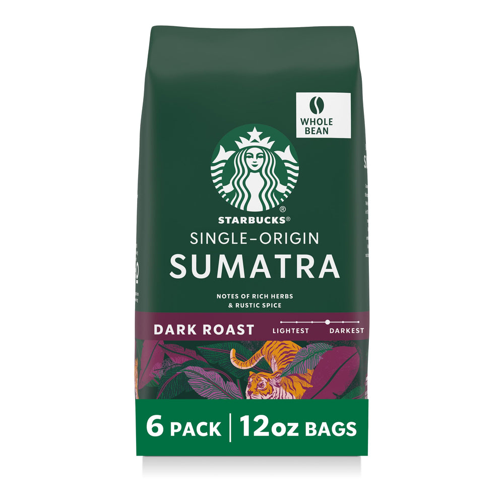Starbucks Sumatra dark roast whole beans pack showing rich aroma for home brewing