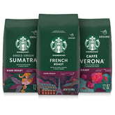 Starbucks Sumatra ground coffee bag on the counter delivers bold herbal notes for mornings.