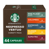 Starbucks by Nespresso Vertuo variety pack coffee and espresso pods for home brewing.