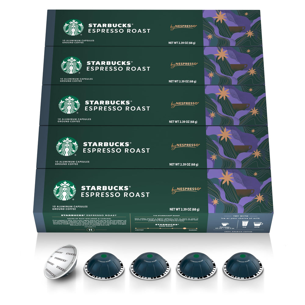 Starbucks Vertuo dark roast capsules pack for convenient at-home espresso.