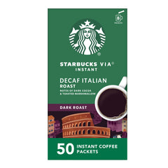 Starbucks VIA Decaf Italian Roast packets ready for quick, on-the-go coffee.