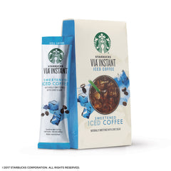 Starbucks VIA iced coffee 16oz glass highlights refreshing, ready-to-drink cold brew in seconds.