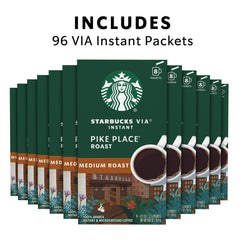 Starbucks VIA Pike Place 96-pack box on shelf indicating convenient daily supply.