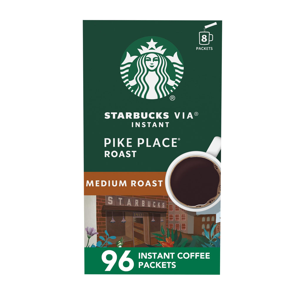 Starbucks VIA Pike Place roast coffee packets ready for a quick, flavorful cup.
